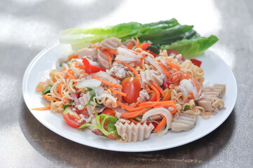 noodles or noodles without soup, spicy noodles or noodles salad or shrimp salad