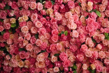 A densely packed arrangement of pink roses creates a lush