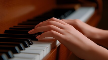 Fototapeta premium Elegant Pianist s Delicate Fingers Dancing Across Vintage Piano Keys in Chiaroscuro Lighting