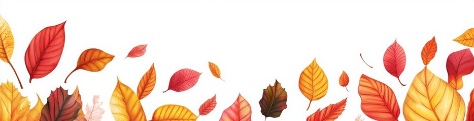 Obraz premium Autumn seamless border with colored autumn leaves on white background. Decorative elements for decoration on the edge of the leaves. Colorful fall nature design element for season celebration
