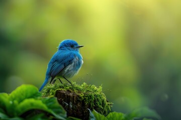 Obraz premium A small blue bird perched on top of a tree stump