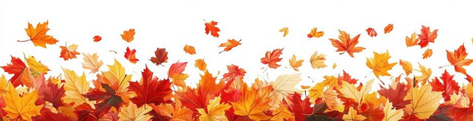 Autumn seamless border with colored autumn leaves on white background. Decorative elements for decoration on the edge of the leaves. Colorful fall nature design element for season celebration