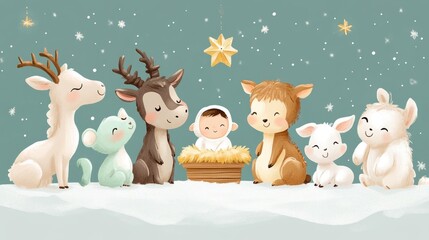 Peaceful Nativity Scene with Animals on Pastel Background