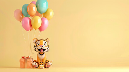 Naklejka premium Birthday card with tiger, colorful balloons and gifts. Copy space kid birthday card, yellow background.