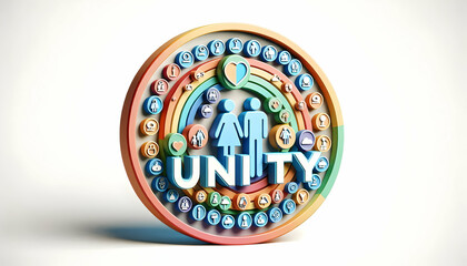3D same sex parents Circle with Unity Text concept as An isolated vector featuring a circular arrangement of icons representing same sex parents with the word Unity in a bold modern font. This image s
