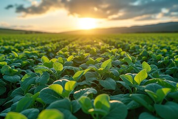 Aerial view of Tractor Spraying Pesticides on Green Soybean Plantation at Sunset