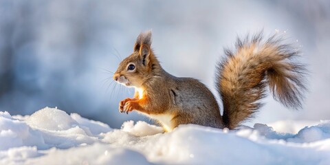 Squirrel playing in the fresh snow , winter, wildlife, cute, cold, fluffy tail, animal, outdoor, playful, adorable