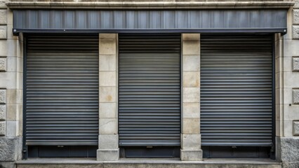 Industrial building with three large closed metal shutters.