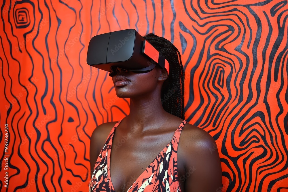Poster profile of a woman in a vr headset with abstract red background symbolizing the dynamic and artistic