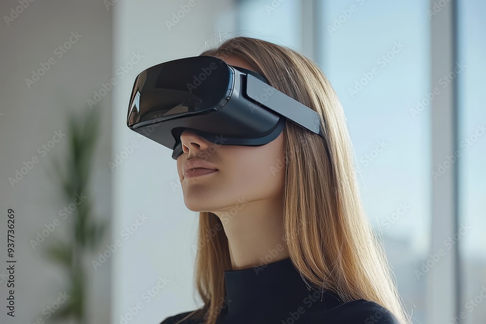 Poster profile of a woman in a vr headset with a minimalistic background symbolizing the seamless integrati