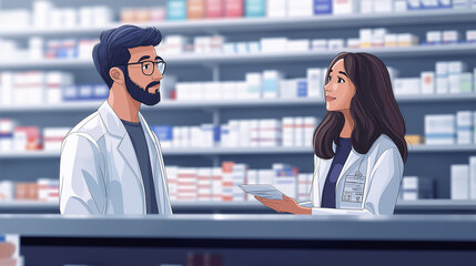 pharmacy with pharmacist and client in counter. drugstore cartoon character design illustration