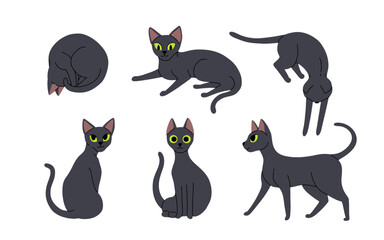 Flat cartoon set of Black cats in various poses isolated on white background. Vector collection of Cats sitting, standing, resting, playing.