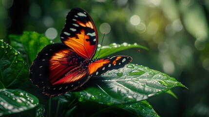 Obraz premium Vibrant Butterfly on a Dew-Covered Leaf