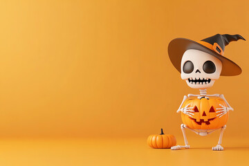 A playful skeleton wearing a witch hat holds a carved pumpkin, perfect for Halloween-themed decorations and festive imagery.