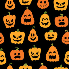 Seamless pattern for Halloween holiday with cute pumpkin jack o lantern. Childish background for fabric, wrapping paper, textile, wallpaper and apparel. Vector Illustration