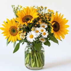 Obraz premium Sunflower and Daisy Bouquet in Glass Jar