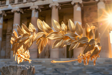 Golden laurel crown from ancient Greece, symbolizing victory and honor, intricately detailed against classical Greek architecture