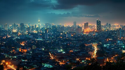 Obraz premium Panoramic night view of a sprawling metropolis illuminated by warm glowing city lights under a dark twilight sky.