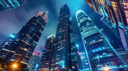 Bright city lights glow against a dark sky, showcasing towering skyscrapers that stand tall amidst a lively backdrop, creating a mesmerizing urban ambiance at night