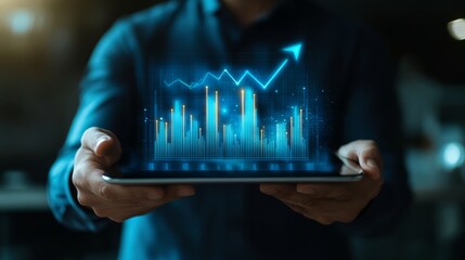 Businessman holding a tablet with a growth graph bar chart and an upward-pointing arrow on a virtual screen