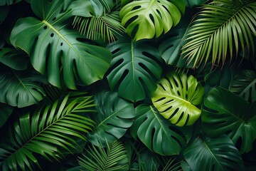 closeup nature view of palms and monstera and fern leaf background Flat lay, dark nature concept, tropical leaf