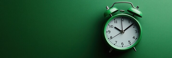 Green alarm clock on a green background, flat lay, top view, copy space concept. Wallpaper, background, banner