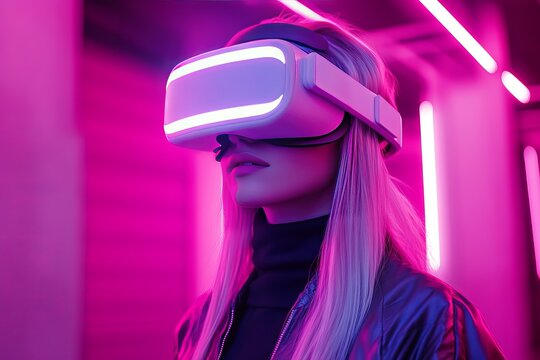 Stylish woman immersed in virtual reality wearing a glowing VR headset in a vibrant neon pink environment representing cutting edge technology and futuristic entertainment experiences