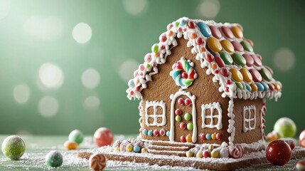 Whimsical Gingerbread House adorned with Colorful Candy on Green Background