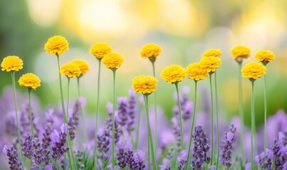 Fototapeta premium Vibrant Yellow Button Flowers in a Lavender Field