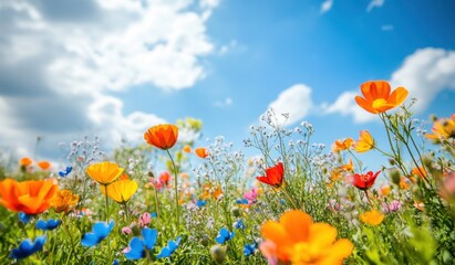 Naklejka premium Field of Wildflowers Under a Bright Blue Sky