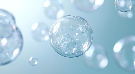 
A close-up of clear, transparent bubbles floating in the air on a light blue background.   