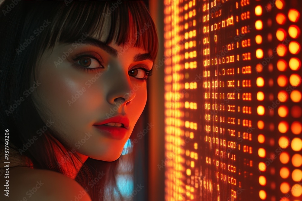 Poster portrait of a woman in a vibrant digital environment surrounded by glowing data streams symbolizing 