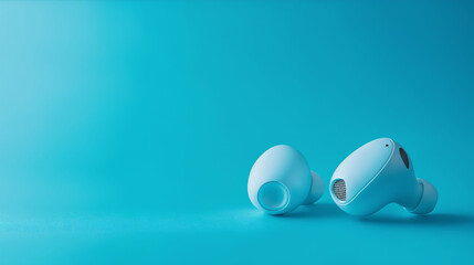 Wireless earbuds, gradient blue background, with copy space, editorial photography