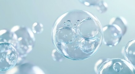 
A close-up of clear, transparent bubbles floating in the air on a light blue background.   