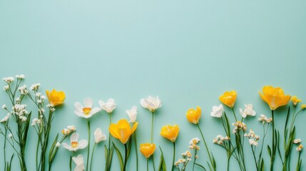 Fototapeta premium Vibrant Yellow and White Flowers on Mint Green Background