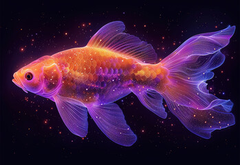 Fototapeta premium Glittering glowing beautiful fish with translucent fins. Purple with gold goldfish on dark background with glitter star dust particles