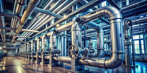 Fototapeta premium Industrial zone with steel pipelines and valves , manufacturing, industry, infrastructure, technology, pipes, metal