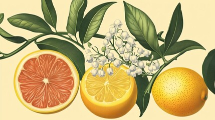 A vintage print of bergamot, lemon, grapefruit