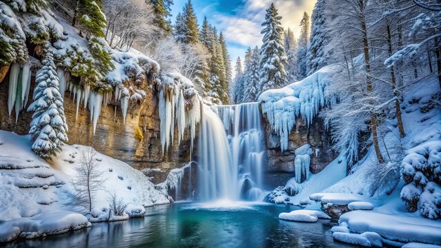 Frozen waterfall surrounded by snowy trees and cliffs , winter, frozen, waterfall, snow, trees, cliffs, cold, icy, icycles