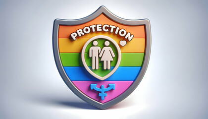 3D same sex parent Shield with Protection Text concept as An isolated vector of a shield with two icons representing same sex parents with the word Protection in a strong font. This image symbolizes t