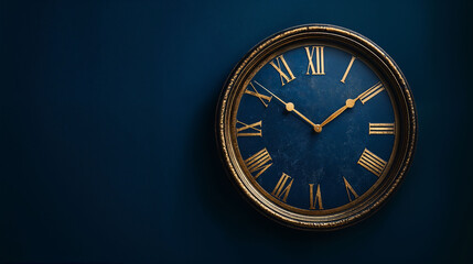 Vintage clock with Roman numerals, deep navy blue background, with copy space, editorial photography