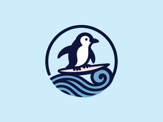 Obraz premium Penguin surfer on a board rides the wave. Modern simple logo, icon, sign