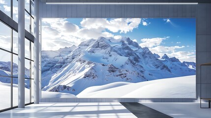 A snow-covered mountain range under a bright winter sky, showcased as a wallpaper in a modern office wall mockup. generative ai
