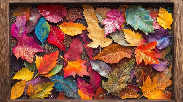 Collection of colorful leaves, likely from a variety of trees, arranged in a frame