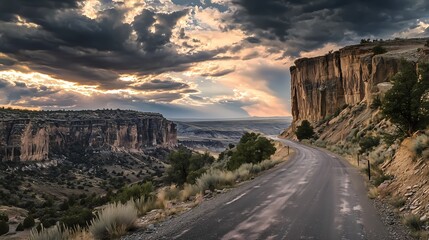 Fototapeta premium Sunset Over Mountain Range with Road Leading Through Grassland.