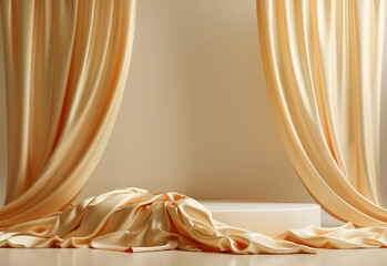 Empty gold podium scene background dark of silk satin fabric. Minimalistic showcase platform display for product presentation and demonstration. Natural lighting.