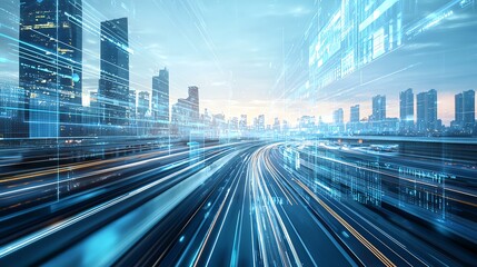 Dynamic cityscape with modern buildings and streaming lights, showcasing technology and urban growth at dawn.