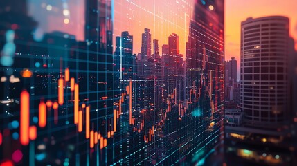 Dynamic urban skyline with a stock market graph overlay, capturing the essence of finance and business growth at sunset.