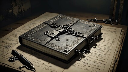 A chained and locked antique book on a table with a vintage quill pen.