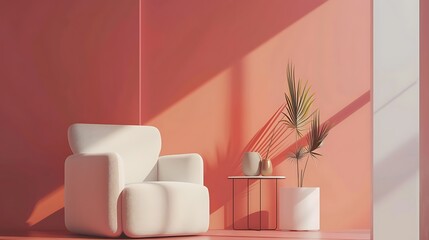 Interior of stylish living room with comfortable armchair on color wall background